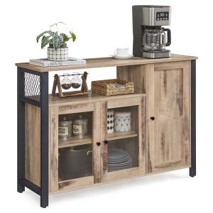 VASAGLE Opbevaringsskab, sk�nk, buffetbord med 3 d�re, til spisestue, stue, k�kken, 33 x 110 x 75 cm, industriel stil, kamelbrun og bl�ksort LSC096B50
