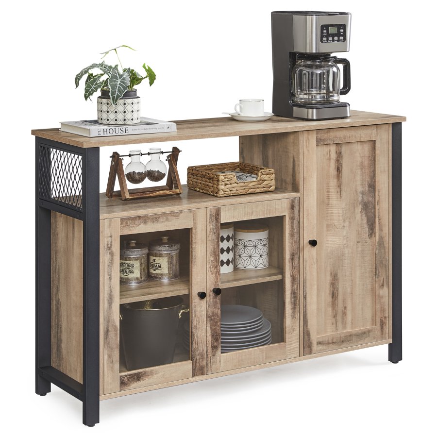 VASAGLE Opbevaringsskab, sk�nk, buffetbord med 3 d�re, til spisestue, stue, k�kken, 33 x 110 x 75 cm, industriel stil, kamelbrun og bl�ksort LSC096B50