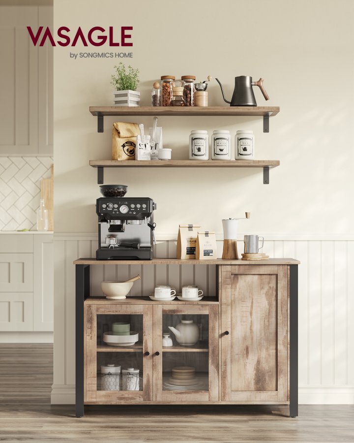 VASAGLE Opbevaringsskab, sk�nk, buffetbord med 3 d�re, til spisestue, stue, k�kken, 33 x 110 x 75 cm, industriel stil, kamelbrun og bl�ksort LSC096B50