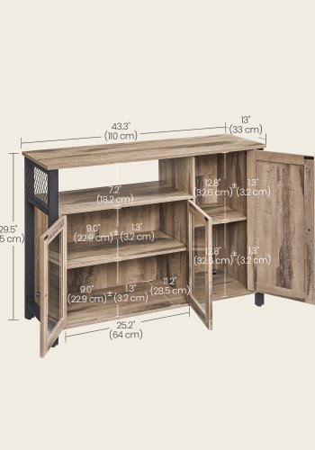 VASAGLE Opbevaringsskab, sk�nk, buffetbord med 3 d�re, til spisestue, stue, k�kken, 33 x 110 x 75 cm, industriel stil, kamelbrun og bl�ksort LSC096B50