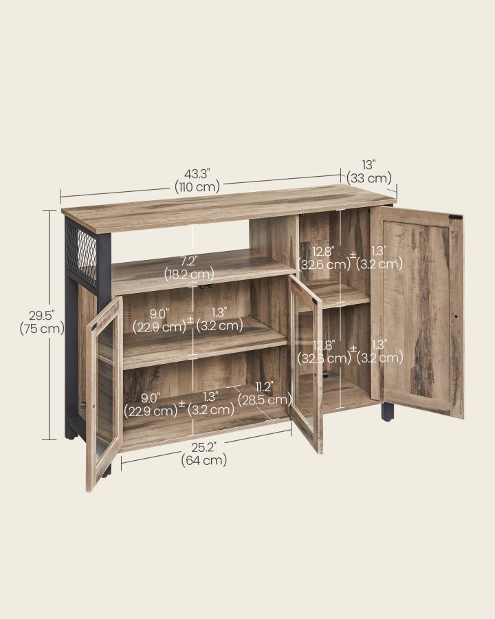 VASAGLE Opbevaringsskab, sk�nk, buffetbord med 3 d�re, til spisestue, stue, k�kken, 33 x 110 x 75 cm, industriel stil, kamelbrun og bl�ksort LSC096B50