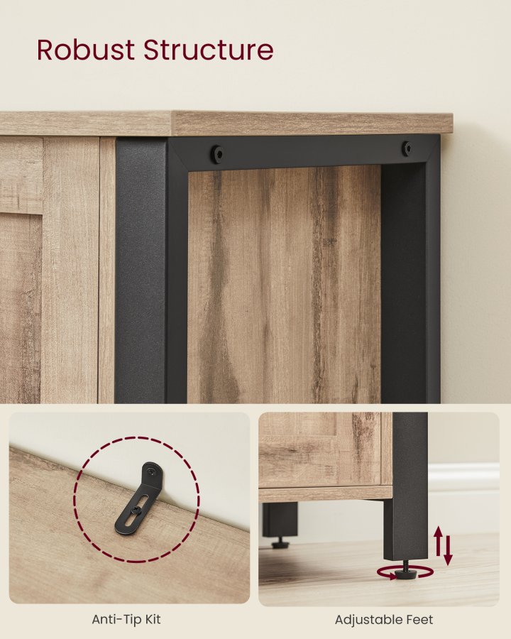 VASAGLE Opbevaringsskab, sk�nk, buffetbord med 3 d�re, til spisestue, stue, k�kken, 33 x 110 x 75 cm, industriel stil, kamelbrun og bl�ksort LSC096B50