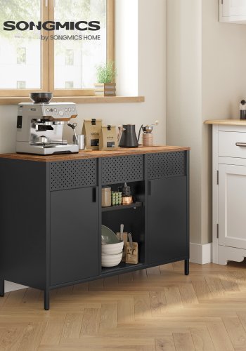 SONGMICS oppbevaringsskap, metallskap, skjenk med 2 d�rer, magnetisk lukking, justerbare hyller, st�lramme, rustikk brun og matt svart ULSC204B01