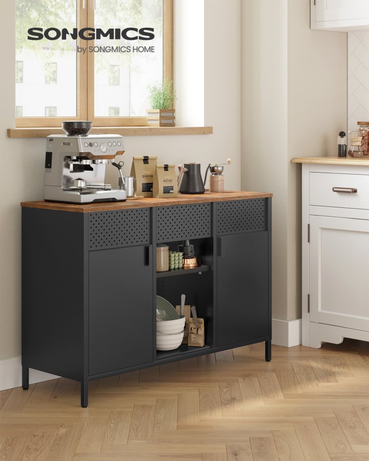 SONGMICS Opbevaringsskab, Metalskab, Sk�nk med 2 D�re, Magnetisk Lukning, Justerbare Hylder, St�lramme, Rustik Brun og Mat Sort ULSC204B01