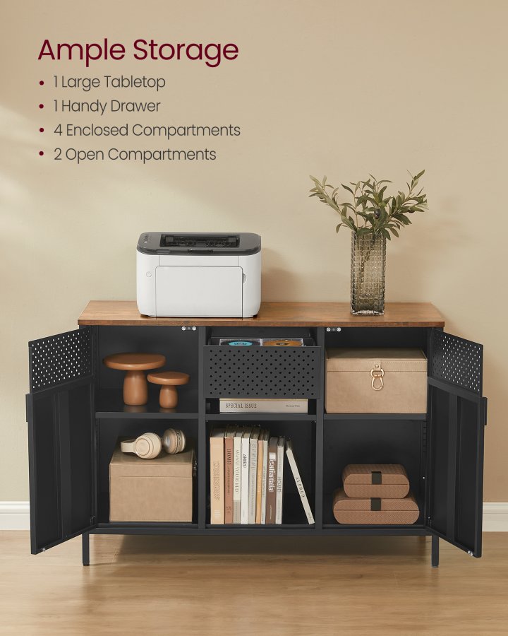 SONGMICS Opbevaringsskab, Metalskab, Sk�nk med 2 D�re, Magnetisk Lukning, Justerbare Hylder, St�lramme, Rustik Brun og Mat Sort ULSC204B01