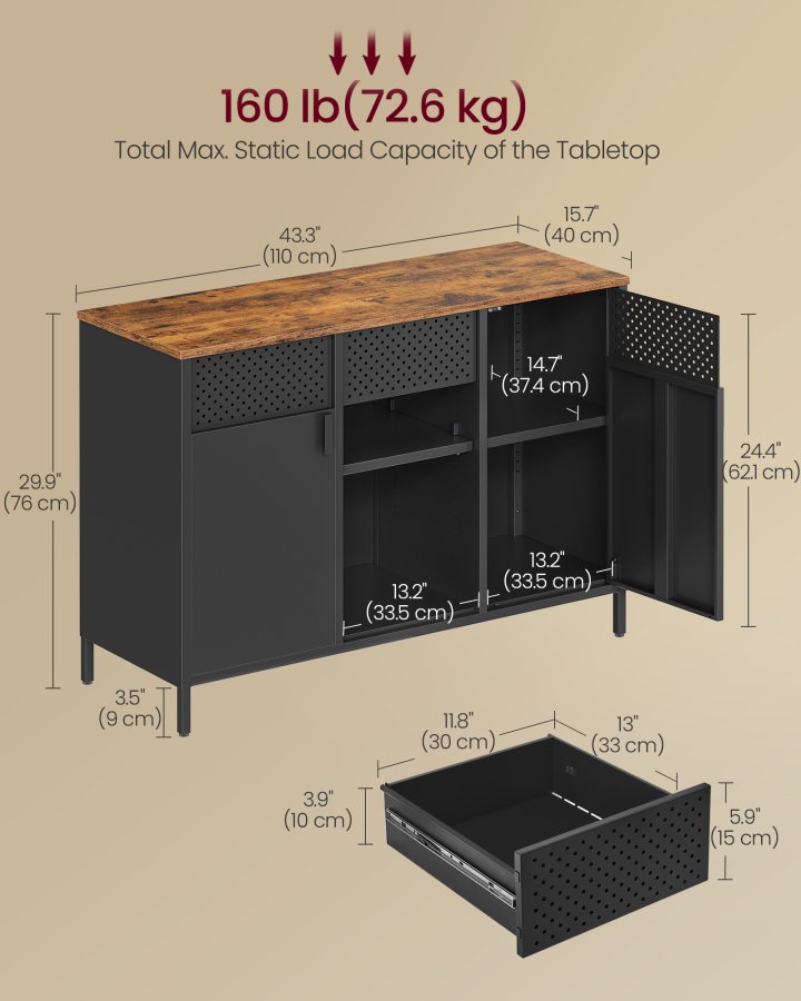 SONGMICS Opbevaringsskab, Metalskab, Sk�nk med 2 D�re, Magnetisk Lukning, Justerbare Hylder, St�lramme, Rustik Brun og Mat Sort ULSC204B01
