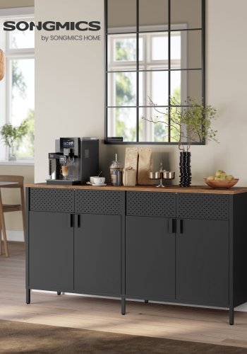 SONGMICS Opbevaringsskab, Metalskab med 4 D�re, 40 x 141 x 76 cm, Magnetisk Lukning, Justerbare Hylder, St�lramme, Rustik Brun og Bl�ksort LSC205BD01