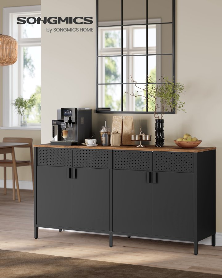 SONGMICS Opbevaringsskab, Metalskab med 4 D�re, 40 x 141 x 76 cm, Magnetisk Lukning, Justerbare Hylder, St�lramme, Rustik Brun og Bl�ksort LSC205BD01