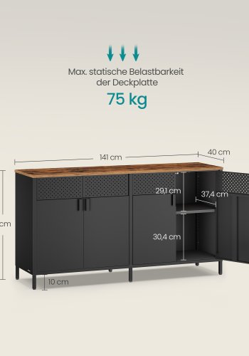 SONGMICS Opbevaringsskab, Metalskab med 4 D�re, 40 x 141 x 76 cm, Magnetisk Lukning, Justerbare Hylder, St�lramme, Rustik Brun og Bl�ksort LSC205BD01