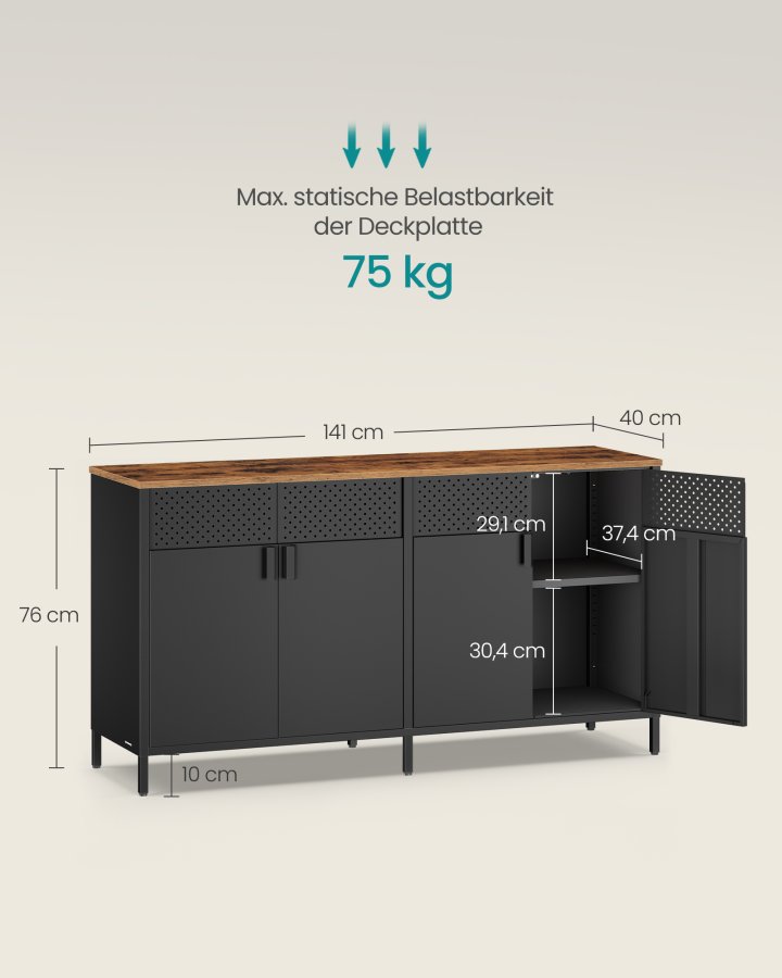 SONGMICS Opbevaringsskab, Metalskab med 4 D�re, 40 x 141 x 76 cm, Magnetisk Lukning, Justerbare Hylder, St�lramme, Rustik Brun og Bl�ksort LSC205BD01