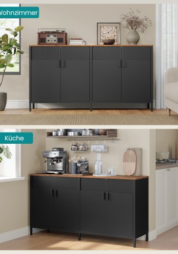 SONGMICS Opbevaringsskab, Metalskab med 4 D�re, 40 x 141 x 76 cm, Magnetisk Lukning, Justerbare Hylder, St�lramme, Rustik Brun og Bl�ksort LSC205BD01
