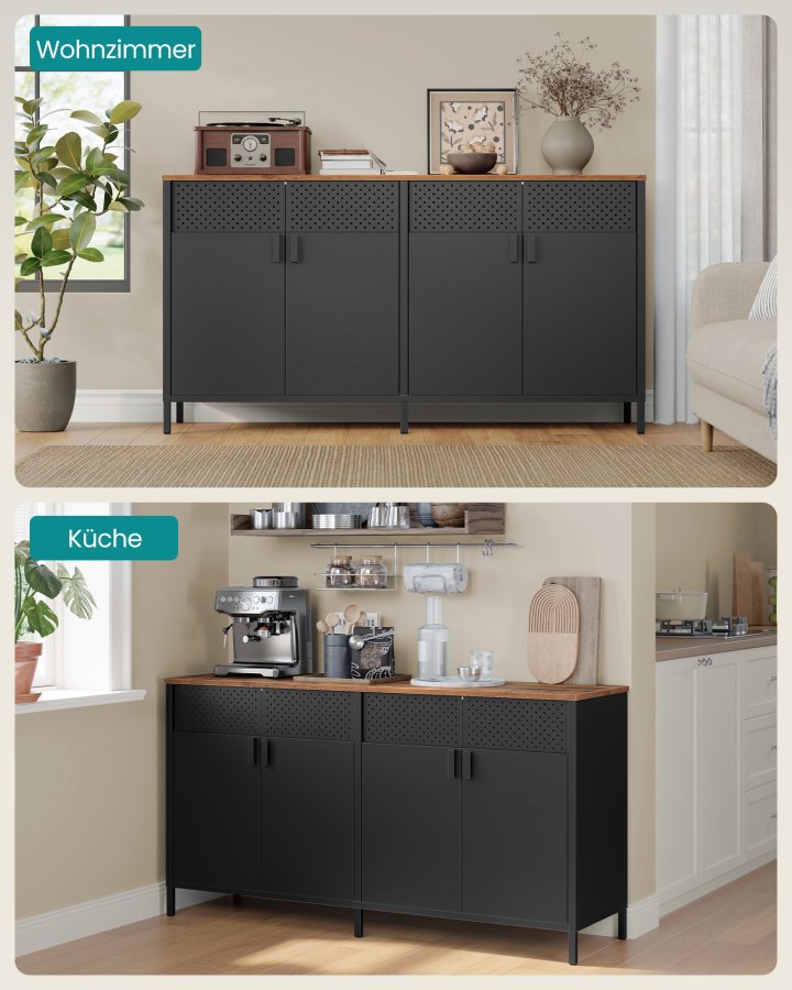 SONGMICS Opbevaringsskab, Metalskab med 4 D�re, 40 x 141 x 76 cm, Magnetisk Lukning, Justerbare Hylder, St�lramme, Rustik Brun og Bl�ksort LSC205BD01