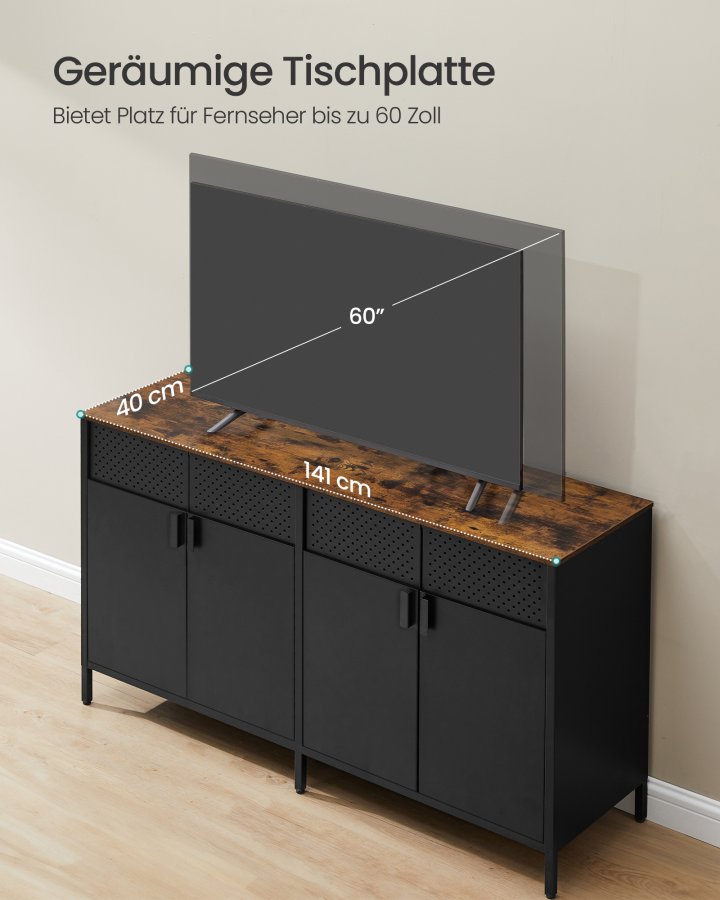 SONGMICS Opbevaringsskab, Metalskab med 4 D�re, 40 x 141 x 76 cm, Magnetisk Lukning, Justerbare Hylder, St�lramme, Rustik Brun og Bl�ksort LSC205BD01