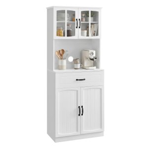 VASAGLE K�kkenskab Multifunktionelt Opbevaringsskab med Justerbare Hylder Mikrob�lgeovnsskuffe Glard�re Kabelhul Moderne Stil Hvid LSC361W21