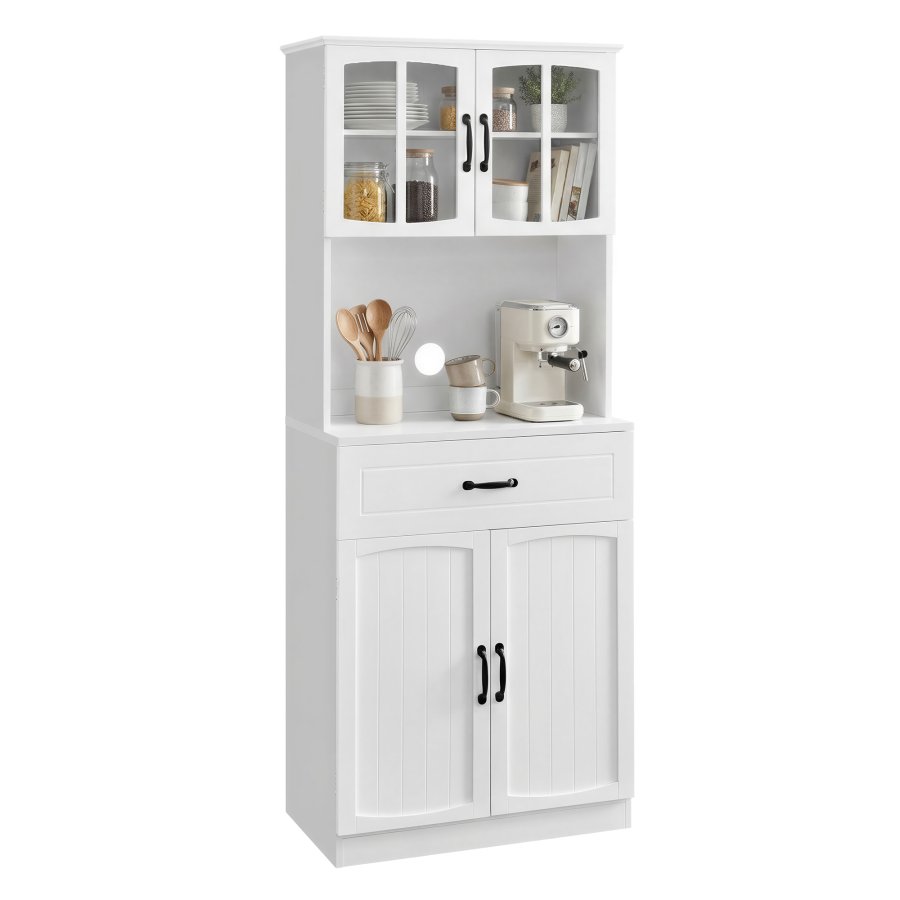 VASAGLE K�kkenskab Multifunktionelt Opbevaringsskab med Justerbare Hylder Mikrob�lgeovnsskuffe Glard�re Kabelhul Moderne Stil Hvid LSC361W21