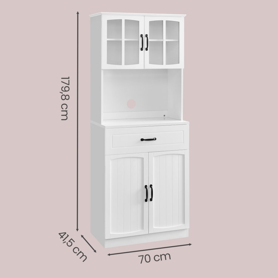 VASAGLE K�kkenskab Multifunktionelt Opbevaringsskab med Justerbare Hylder Mikrob�lgeovnsskuffe Glard�re Kabelhul Moderne Stil Hvid LSC361W21