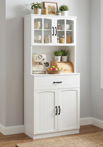 VASAGLE K�kkenskab Multifunktionelt Opbevaringsskab med Justerbare Hylder Mikrob�lgeovnsskuffe Glard�re Kabelhul Moderne Stil Hvid LSC361W21