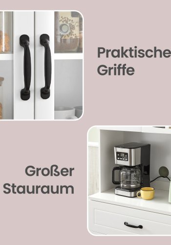 VASAGLE K�kkenskab Multifunktionelt Opbevaringsskab med Justerbare Hylder Mikrob�lgeovnsskuffe Glard�re Kabelhul Moderne Stil Hvid LSC361W21