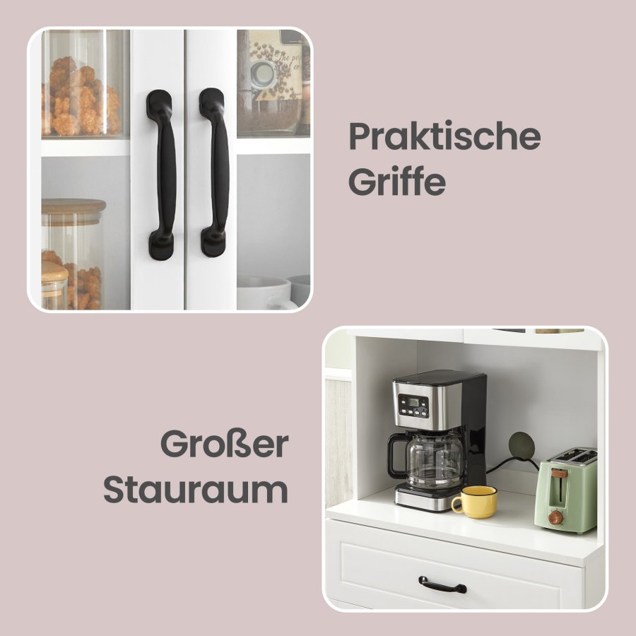 VASAGLE K�kkenskab Multifunktionelt Opbevaringsskab med Justerbare Hylder Mikrob�lgeovnsskuffe Glard�re Kabelhul Moderne Stil Hvid LSC361W21