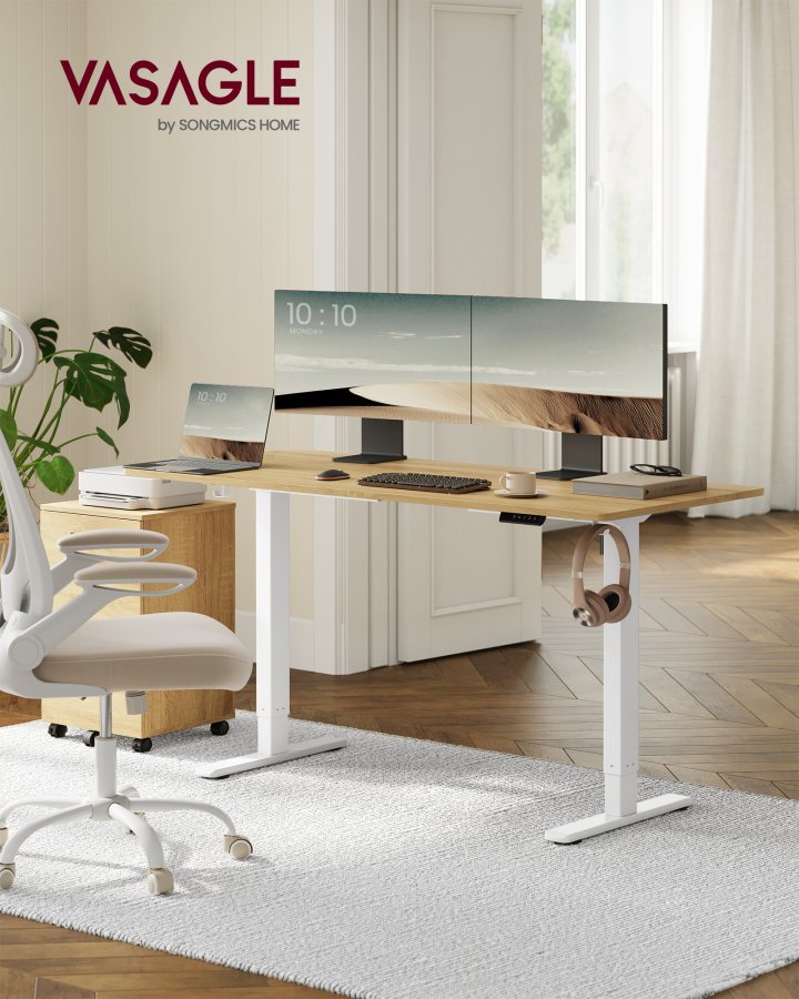 VASAGLE Elektrisk h�jdejusterbart skrivebord, h�ve-s�nkebordsstel, bordstativ uden bordplade med 2 kroge, 3 h�jdehukommelsesfunktioner, st�l, mat hvid LSD021W01