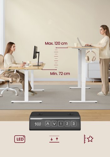 VASAGLE Elektrisk h�jdejusterbart skrivebord, h�ve-s�nkebordsstel, bordstativ uden bordplade med 2 kroge, 3 h�jdehukommelsesfunktioner, st�l, mat hvid LSD021W01