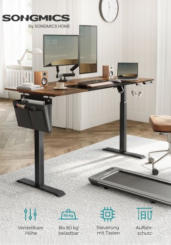 SONGMICS H�henverstellbarer elektrischer Schreibtisch, 70 x 160 x (72-120), voll verstellbar, geteilte Tischplatte, Memory-Funktion mit 4 H�hen, Gestell vintage braun/schwarz LSD026X01