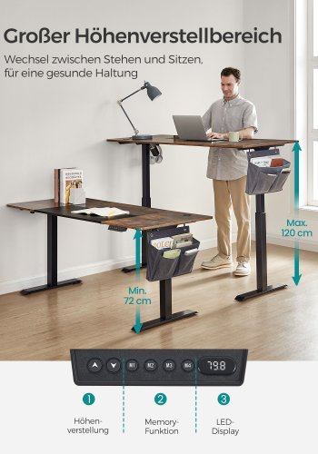 SONGMICS H�jdejusterbart elektrisk skrivebord, 70 x 160 x (72-120), fuldt justerbart, splejset bordplade, memory-funktion med 4 h�jder, vintage brun/sort base LSD026X01
