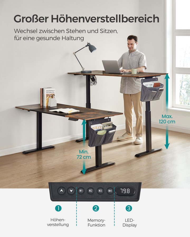 SONGMICS H�jdejusterbart elektrisk skrivebord, 70 x 160 x (72-120), fuldt justerbart, splejset bordplade, memory-funktion med 4 h�jder, vintage brun/sort base LSD026X01