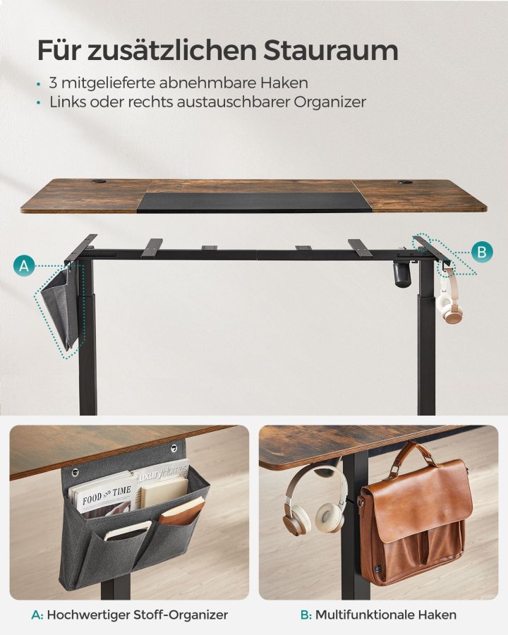 SONGMICS H�jdejusterbart elektrisk skrivebord, 70 x 160 x (72-120), fuldt justerbart, splejset bordplade, memory-funktion med 4 h�jder, vintage brun/sort base LSD026X01