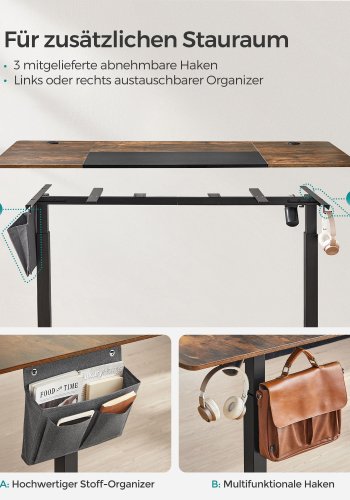 SONGMICS H�jdejusterbart elektrisk skrivebord, 70 x 160 x (72-120), fuldt justerbart, splejset bordplade, memory-funktion med 4 h�jder, vintage brun/sort base LSD026X01