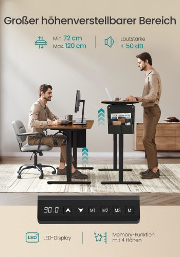 SONGMICS LSD132K01 H&ouml;henverstellbarer elektrischer Schreibtisch, 60 x 120 x 72120 cm, Memory-Funktion mit 4 H&ouml;hen, f&uuml;r Homeoffice und Arbeitszimmer, Vintage-Braun, Tintenschwarz