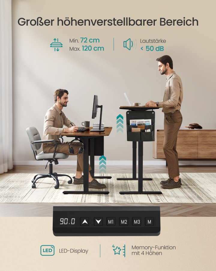 SONGMICS LSD132K01 H&ouml;henverstellbarer elektrischer Schreibtisch, 60 x 120 x 72120 cm, Memory-Funktion mit 4 H&ouml;hen, f&uuml;r Homeoffice und Arbeitszimmer, Vintage-Braun, Tintenschwarz