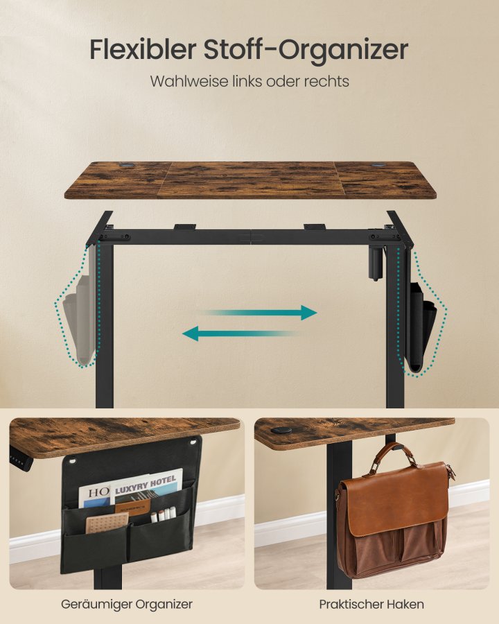 SONGMICS LSD132K01 H&ouml;henverstellbarer elektrischer Schreibtisch, 60 x 120 x 72120 cm, Memory-Funktion mit 4 H&ouml;hen, f&uuml;r Homeoffice und Arbeitszimmer, Vintage-Braun, Tintenschwarz