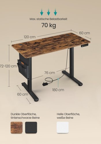 SONGMICS LSD132K01 H&ouml;henverstellbarer elektrischer Schreibtisch, 60 x 120 x 72120 cm, Memory-Funktion mit 4 H&ouml;hen, f&uuml;r Homeoffice und Arbeitszimmer, Vintage-Braun, Tintenschwarz