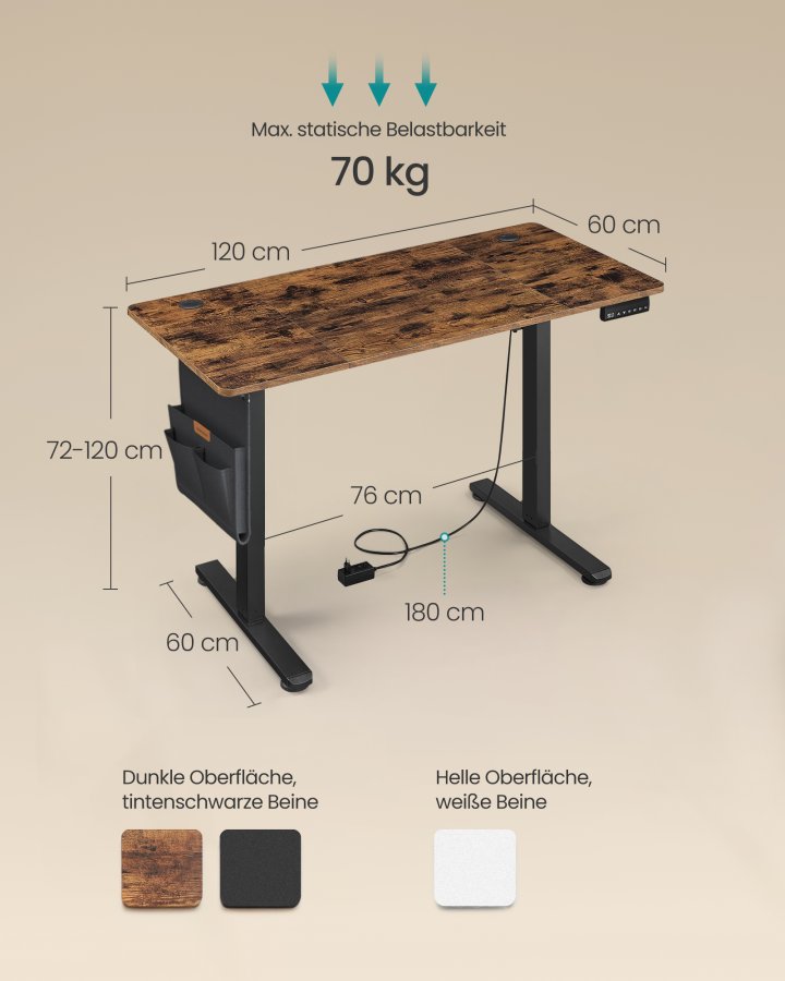SONGMICS LSD132K01 H&ouml;henverstellbarer elektrischer Schreibtisch, 60 x 120 x 72120 cm, Memory-Funktion mit 4 H&ouml;hen, f&uuml;r Homeoffice und Arbeitszimmer, Vintage-Braun, Tintenschwarz