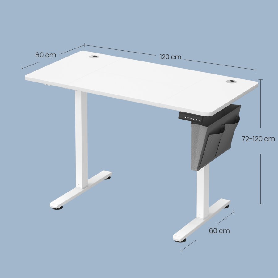 Elektrisk h�ve-s�nkebord, h�jdejusterbart, 120,1 x 60,1 cm, 4 hukommelsesh�jder, til hjemmekontor, hvid