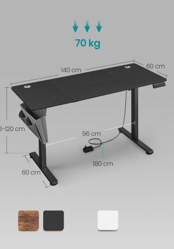 SONGMICS LSD134B01 H�jdejusterbart elektrisk skrivebord, 60 x 140 x (72-120), justerbart bord, hukommelsesfunktion til 4 h�jder, til hjemmekontor, arbejdsv�relse, bl�ksort