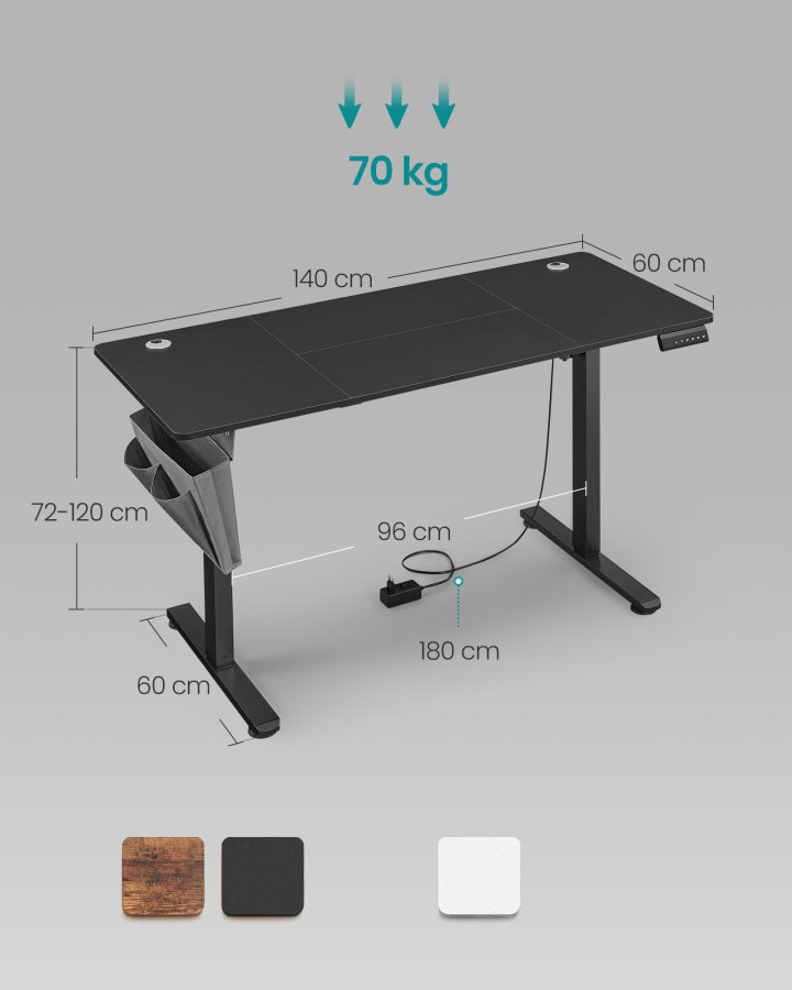 SONGMICS LSD134B01 H�jdejusterbart elektrisk skrivebord, 60 x 140 x (72-120), justerbart bord, hukommelsesfunktion til 4 h�jder, til hjemmekontor, arbejdsv�relse, bl�ksort