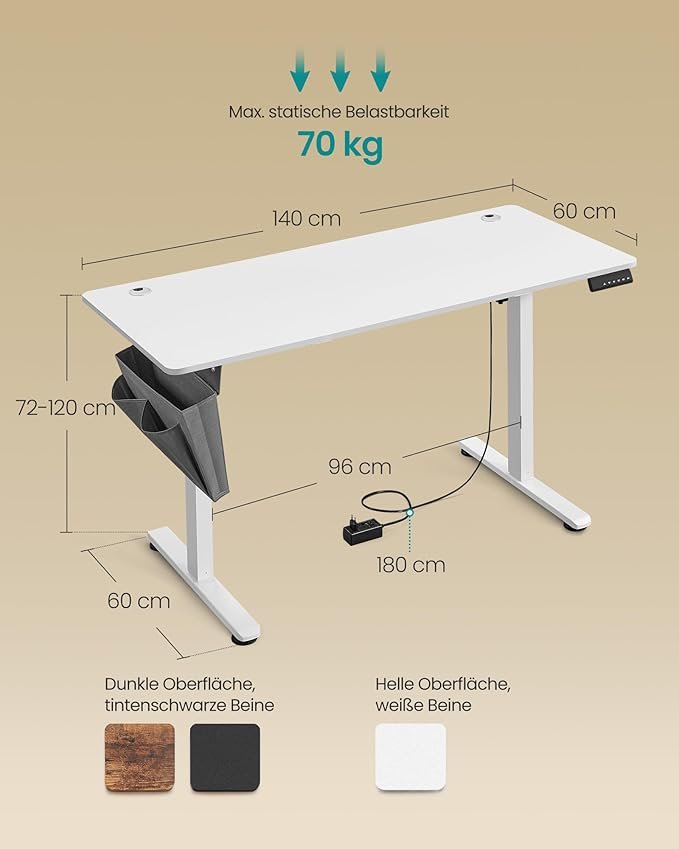 SONGMICS LSD134W01 H�jdejusterbart elektrisk skrivebord, 60 x 140 x 72120 cm, hukommelsesfunktion med 4 h�jder, til hjemmekontor, arbejdsv�relse, Cloud White