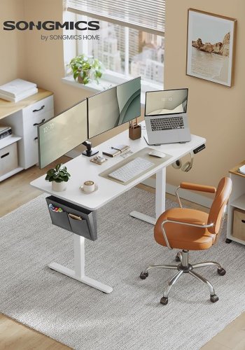 SONGMICS LSD134W01 H�jdejusterbart elektrisk skrivebord, 60 x 140 x 72120 cm, hukommelsesfunktion med 4 h�jder, til hjemmekontor, arbejdsv�relse, Cloud White