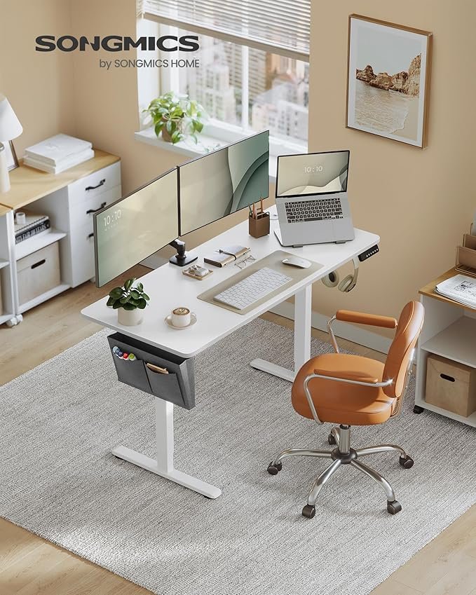 SONGMICS LSD134W01 H�jdejusterbart elektrisk skrivebord, 60 x 140 x 72120 cm, hukommelsesfunktion med 4 h�jder, til hjemmekontor, arbejdsv�relse, Cloud White