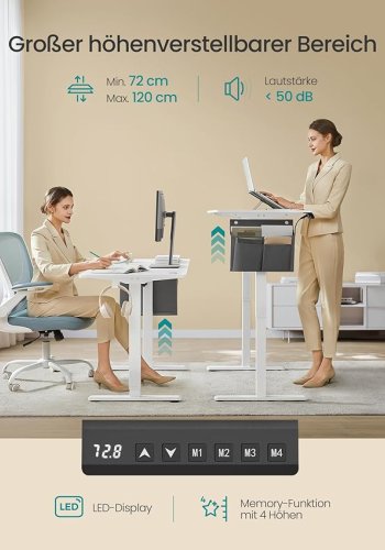 SONGMICS LSD134W01 H�jdejusterbart elektrisk skrivebord, 60 x 140 x 72120 cm, hukommelsesfunktion med 4 h�jder, til hjemmekontor, arbejdsv�relse, Cloud White
