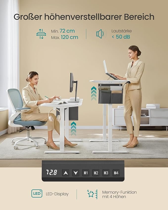 SONGMICS LSD134W01 H�jdejusterbart elektrisk skrivebord, 60 x 140 x 72120 cm, hukommelsesfunktion med 4 h�jder, til hjemmekontor, arbejdsv�relse, Cloud White