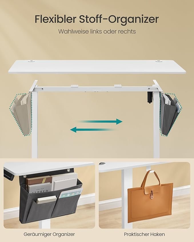 SONGMICS LSD134W01 H�jdejusterbart elektrisk skrivebord, 60 x 140 x 72120 cm, hukommelsesfunktion med 4 h�jder, til hjemmekontor, arbejdsv�relse, Cloud White