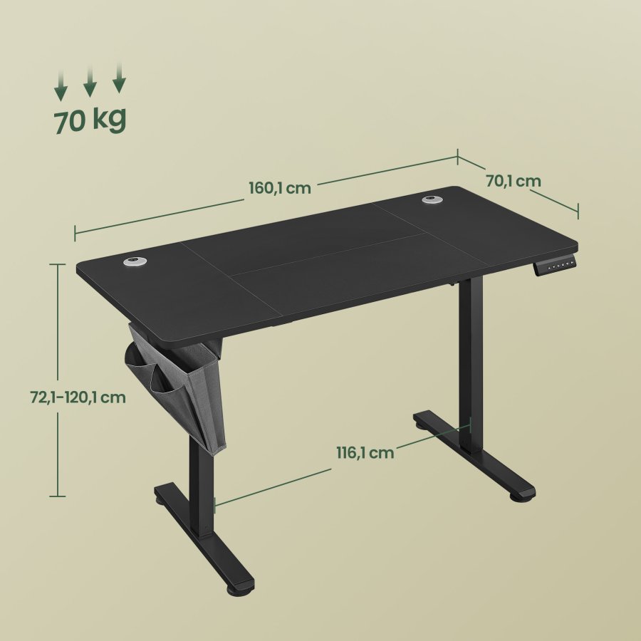 Elektrisk h�ve-s�nkebord, h�jdejusterbart, 160,1 x 70,1 cm, 4 hukommelsesh�jder, til hjemmekontor, sort