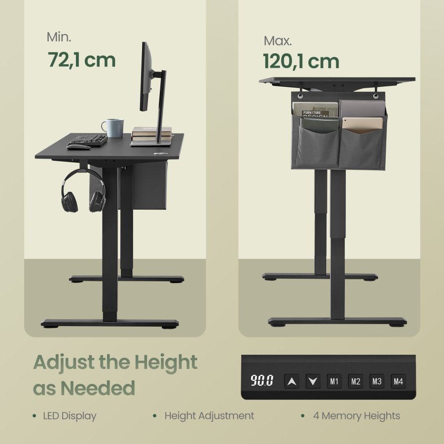 Elektrisk h�ve-s�nkebord, h�jdejusterbart, 160,1 x 70,1 cm, 4 hukommelsesh�jder, til hjemmekontor, sort