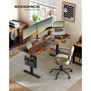 SONGMICS LSD136K01 H�jdejusterbart elektrisk skrivebord, 70 x 160 x 72120 cm, hukommelsesfunktion med 4 h�jder, til hjemmekontor, arbejdsv�relse, vintage brun, bl�ksort