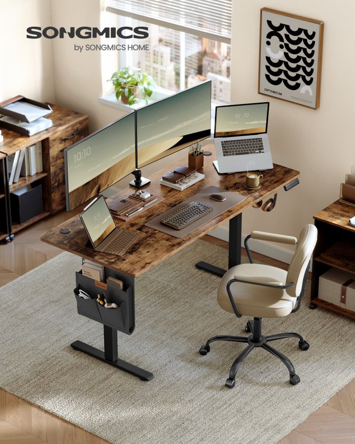 SONGMICS LSD136K01 H&ouml;henverstellbarer elektrischer Schreibtisch, 70 x 160 x 72120 cm, Memory-Funktion mit 4 H&ouml;hen, f&uuml;r Homeoffice und Arbeitszimmer, Vintage-Braun, Tintenschwarz