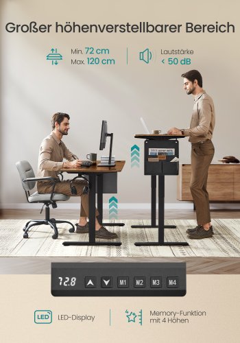 SONGMICS LSD136K01 H&ouml;henverstellbarer elektrischer Schreibtisch, 70 x 160 x 72120 cm, Memory-Funktion mit 4 H&ouml;hen, f&uuml;r Homeoffice und Arbeitszimmer, Vintage-Braun, Tintenschwarz