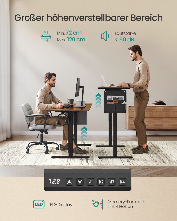 SONGMICS LSD136K01 H&ouml;henverstellbarer elektrischer Schreibtisch, 70 x 160 x 72120 cm, Memory-Funktion mit 4 H&ouml;hen, f&uuml;r Homeoffice und Arbeitszimmer, Vintage-Braun, Tintenschwarz